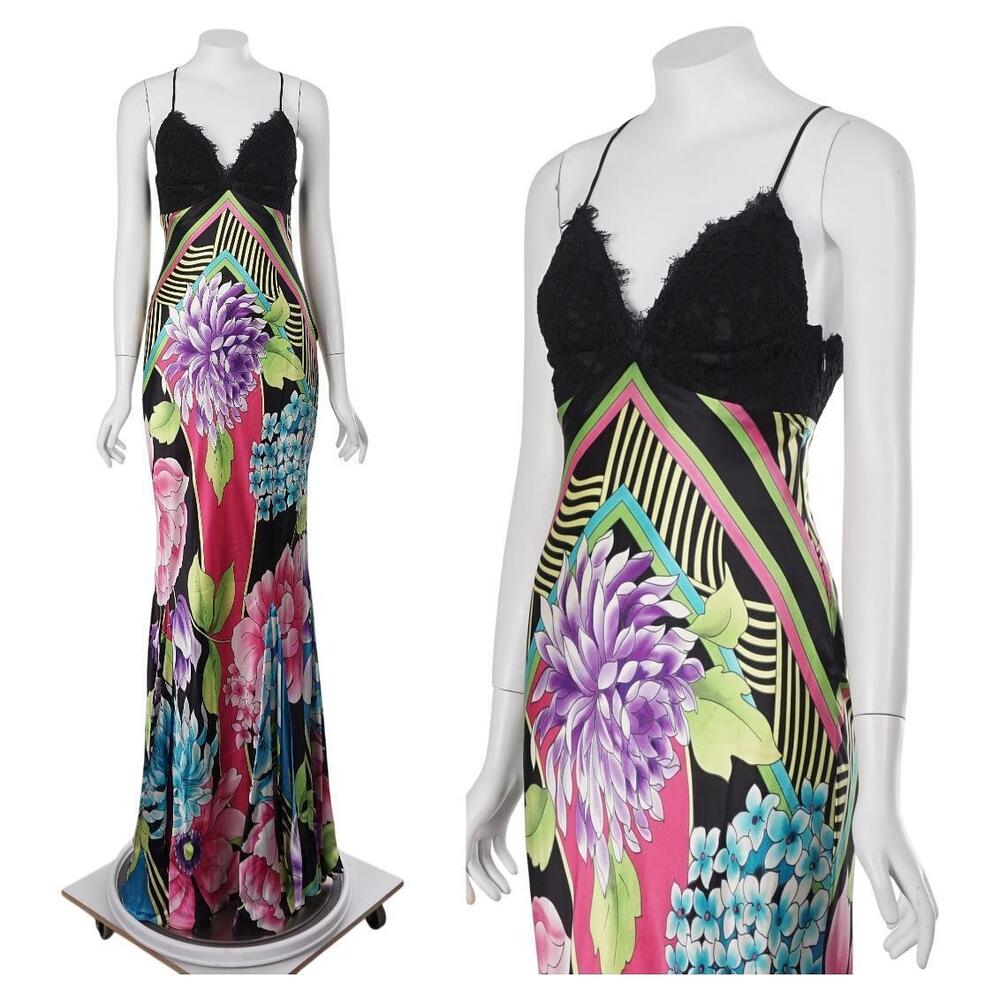 Cache Vintage Dress 2 Colorful Floral Silk Black Lace Sleeveless Maxi Party